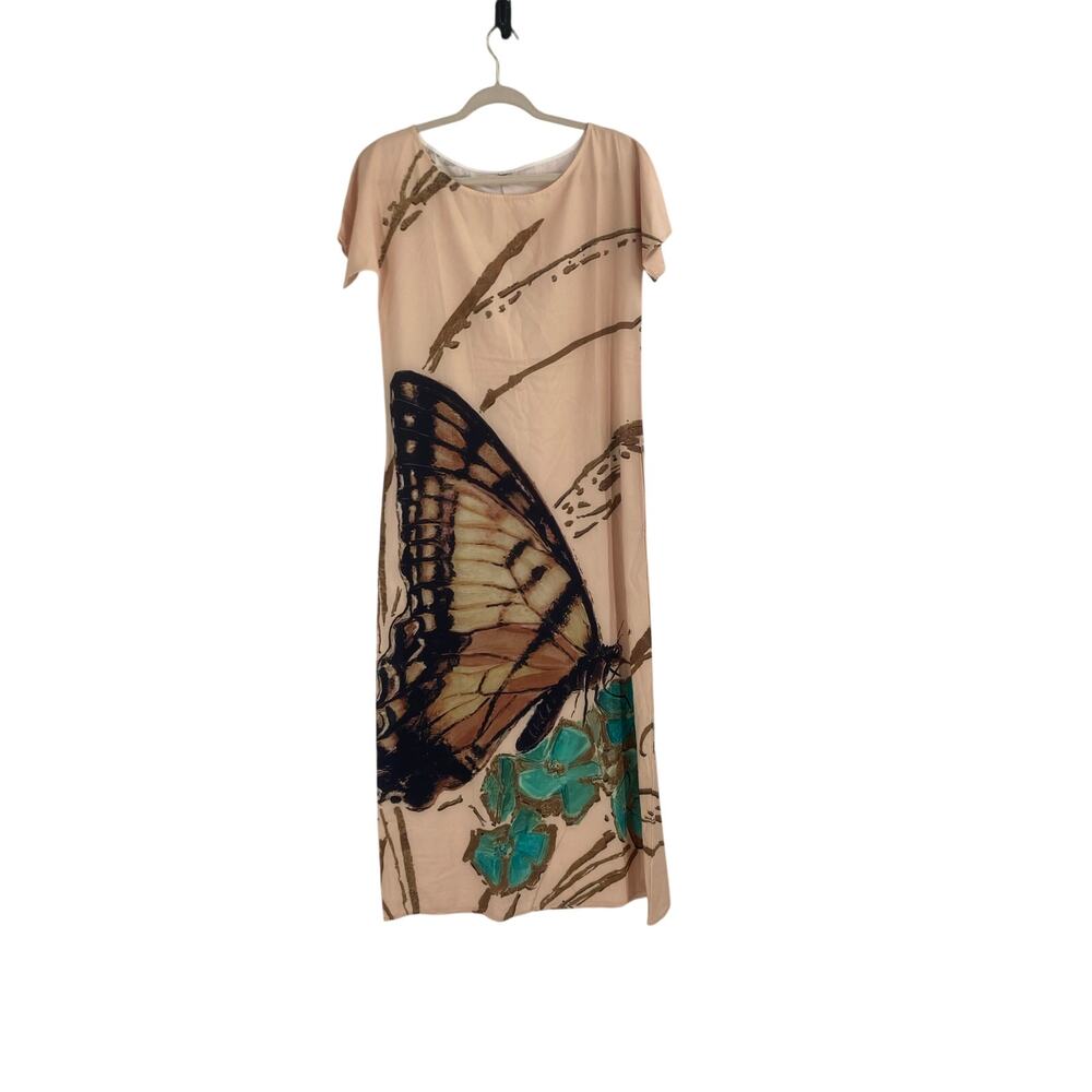 Butterfly Print MIDI Pocket Dress Fairy Forrest Whimsical Beige Women’s Small